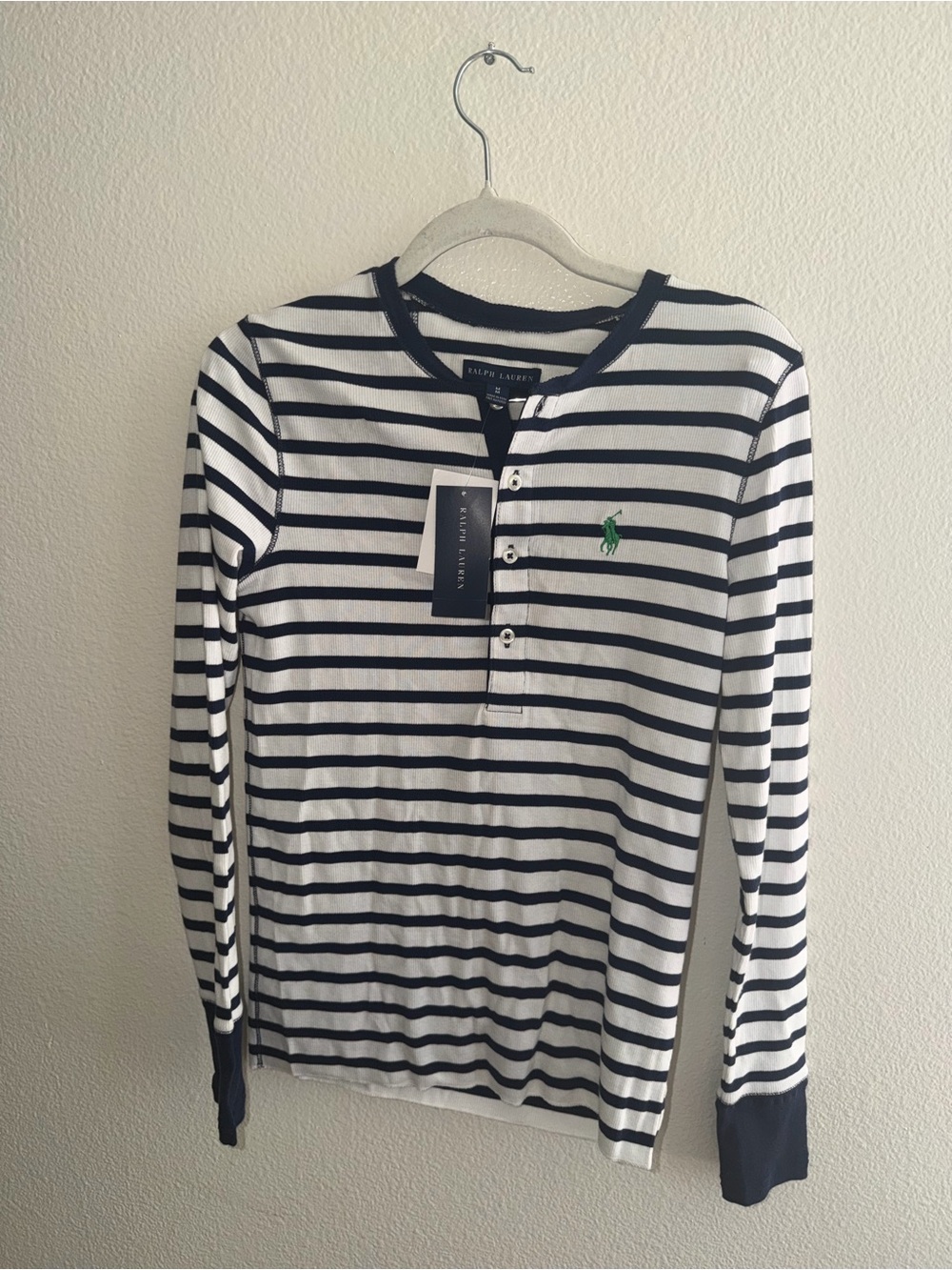 Ralph Lauren White and Navy Striped Long-Sleeve Henley Tee